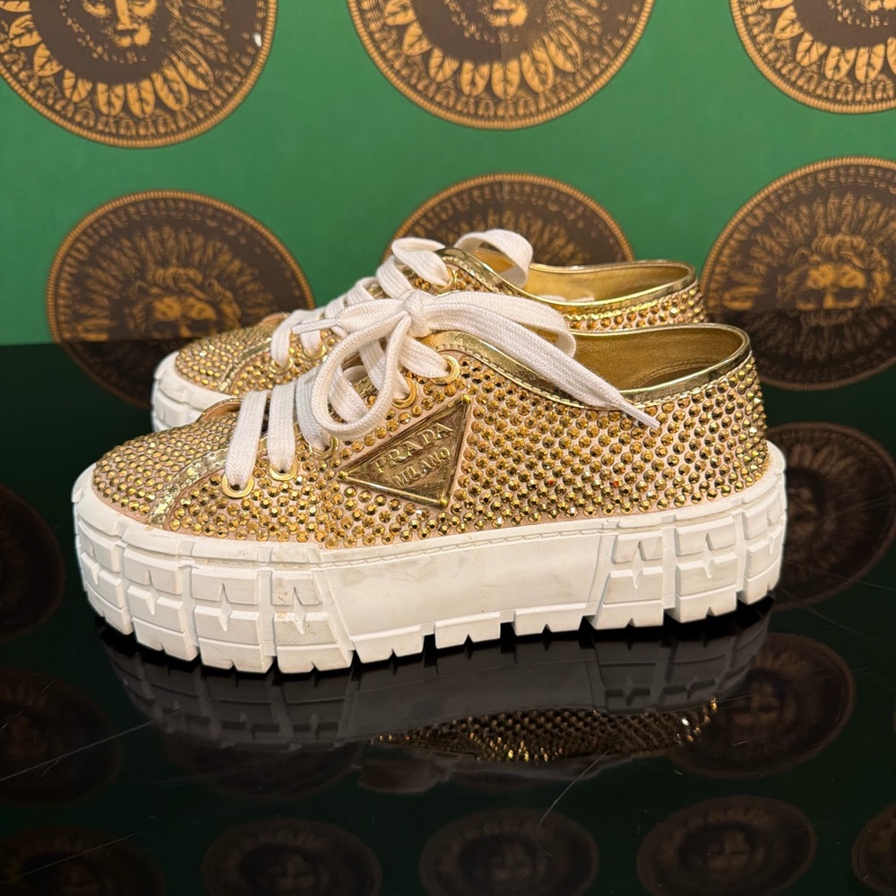 Prada Double Wedge Gold Crystal Women's Sneakers, Size 37, worn once - Picture 4 of 7